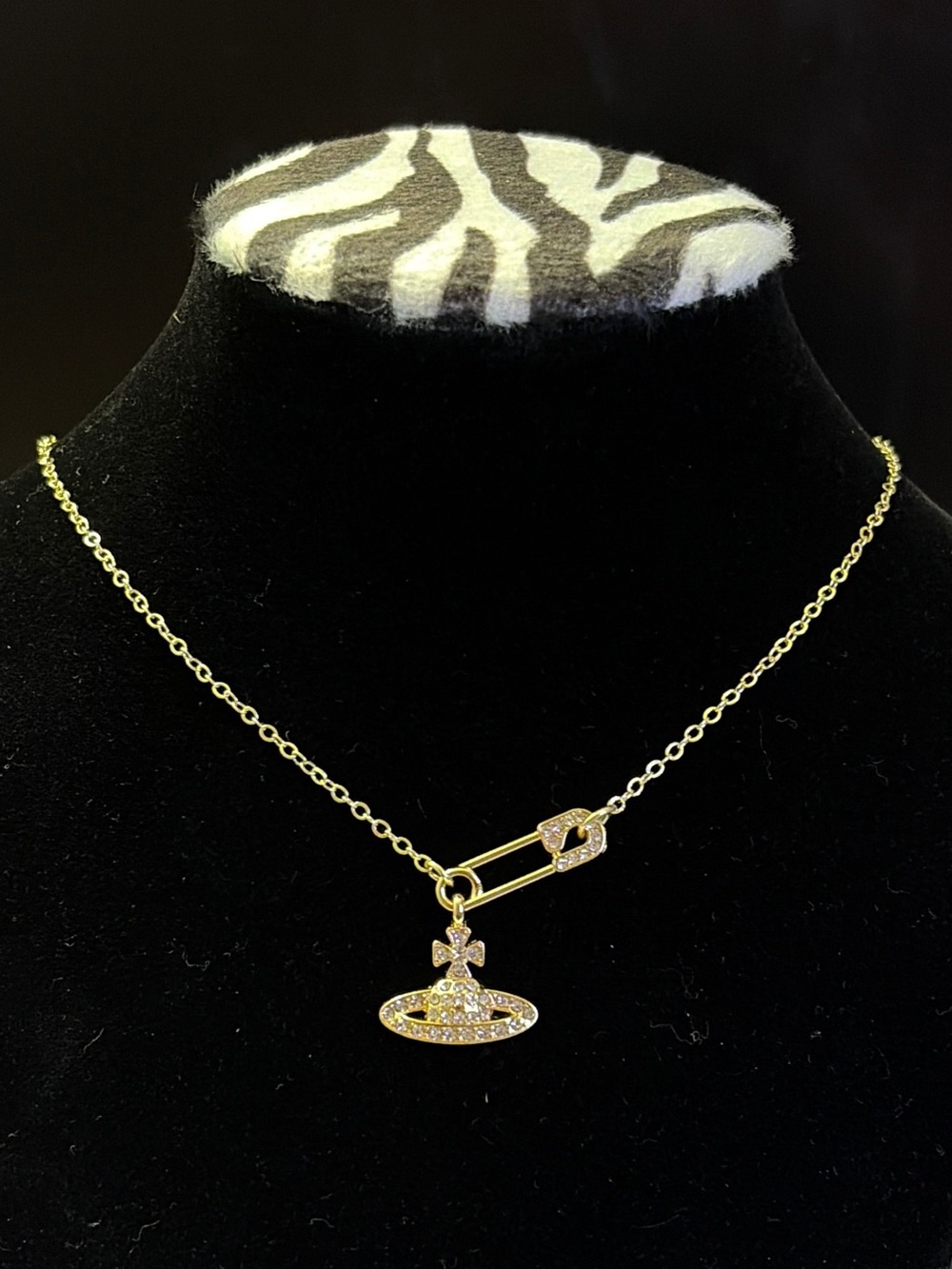 Vivienne Westwood Gold-Tone Safety Pin Necklace with Crystal Orb Pendant